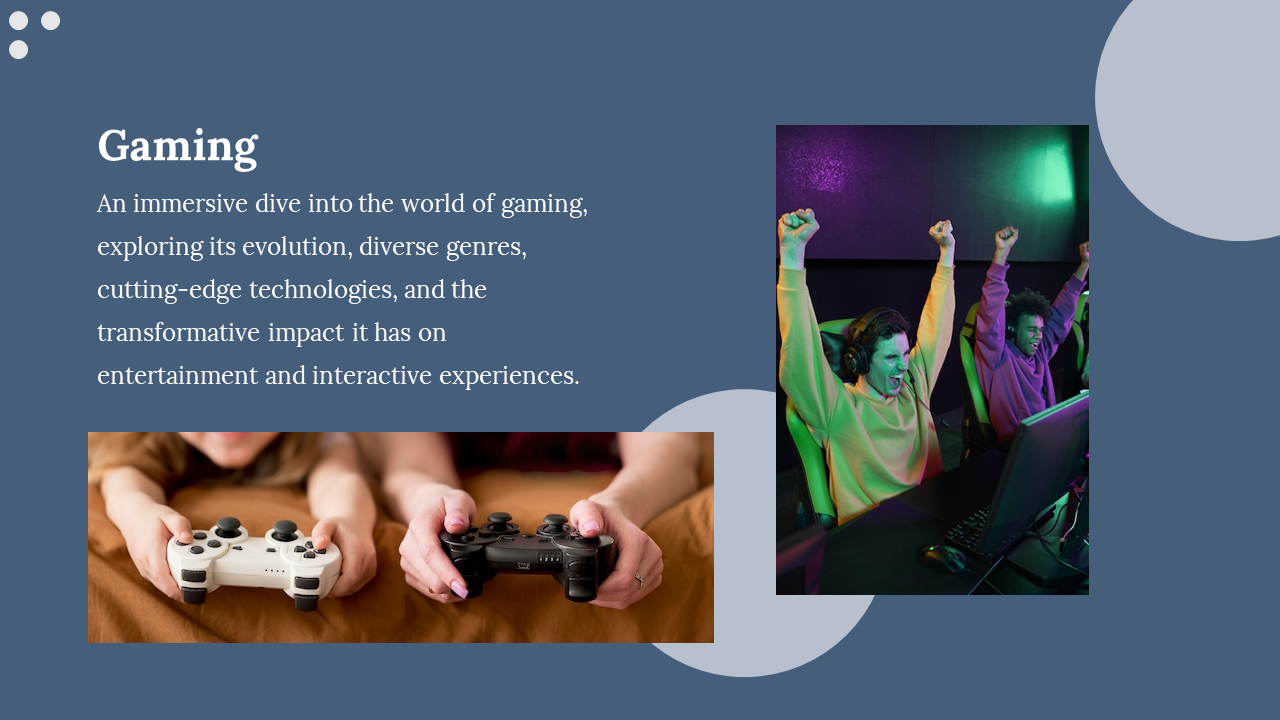 Blue background with white text and two images of gamers cheering at screens and hands holding gamepads below.