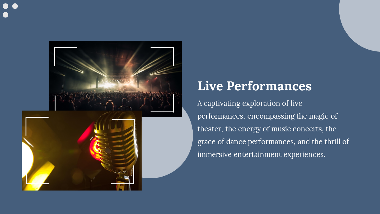 Two overlapping images of concert with stage lights and vintage mic with yellow and red lighting, and text on right.