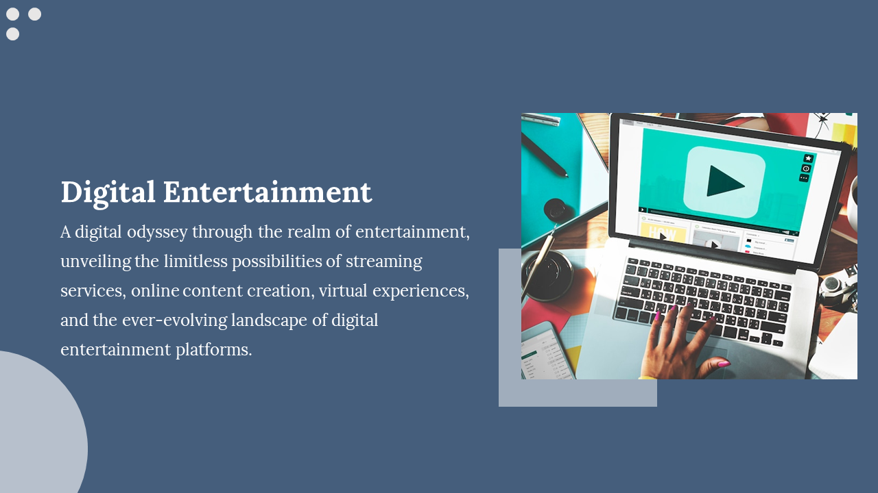 Blue slide with text on left and image of hand on laptop showing video icon, surrounded by colorful desk items on right.