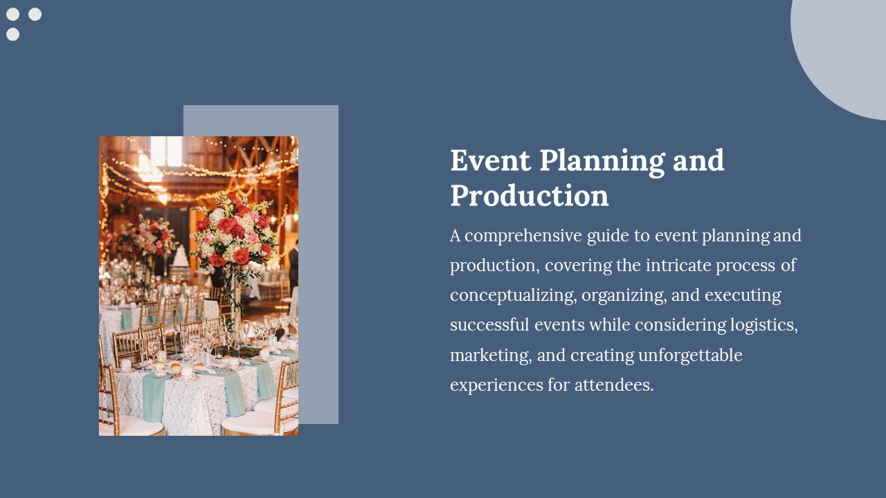 Blue slide with white text on right, and photo of decorated event hall with floral centerpieces and string lights on left.