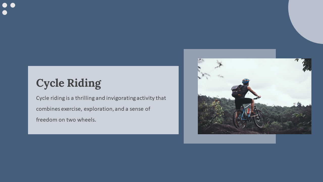 Blue slide with light text box on left, cyclist on mountain trail image to the right, and circular accent in top corner.