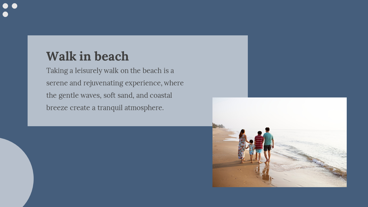 Blue slide with light text box on left and photo of family walking on beach to the right, with circular shape in corner.