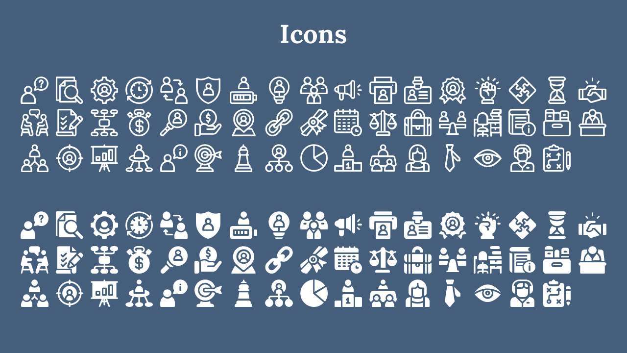 Blue slide with two sets of icons, outlined on top, filled below, arranged in centered rows under a bold title.