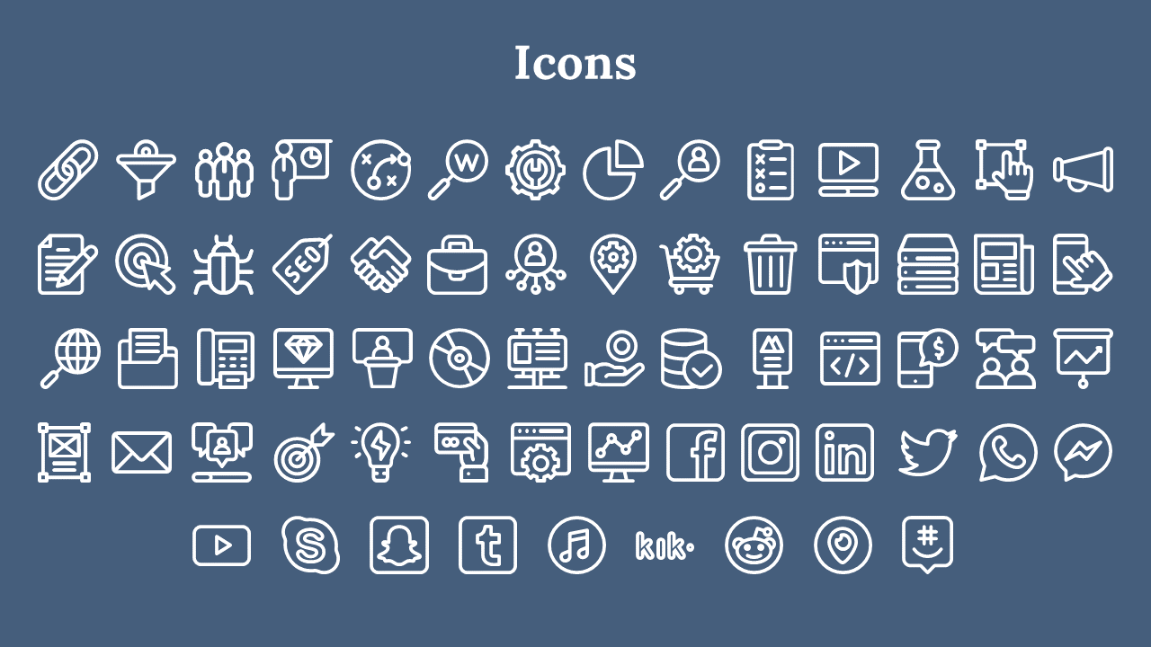 Grid of white outlined icons on a blue background, arranged in rows with a centered title at the top.