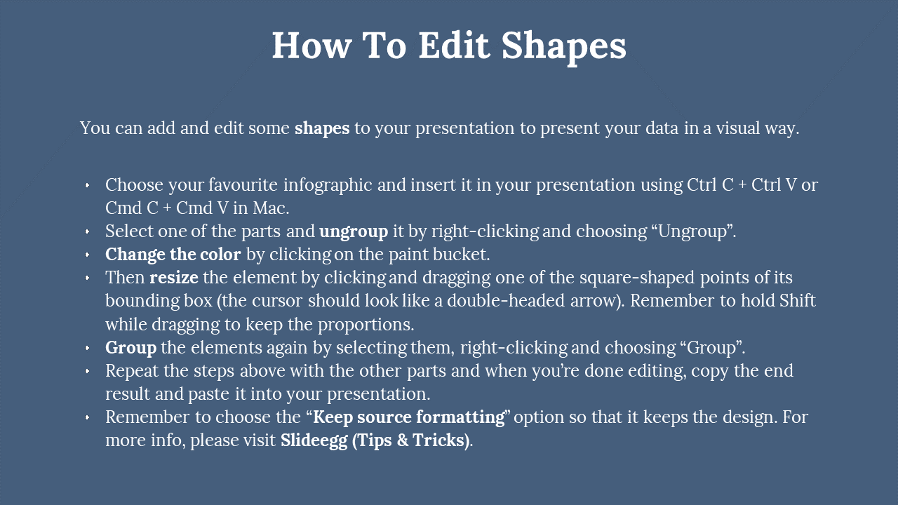 Blue background slide with white centered text and bullet points, showing a step by step guide for edit shapes.