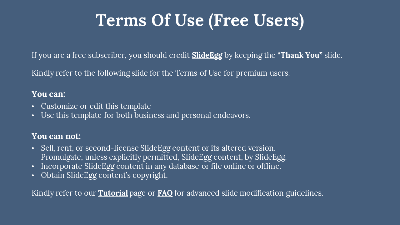 Blue slide with centered white serif text and bullet points, highlighting permissions and restrictions for free users.