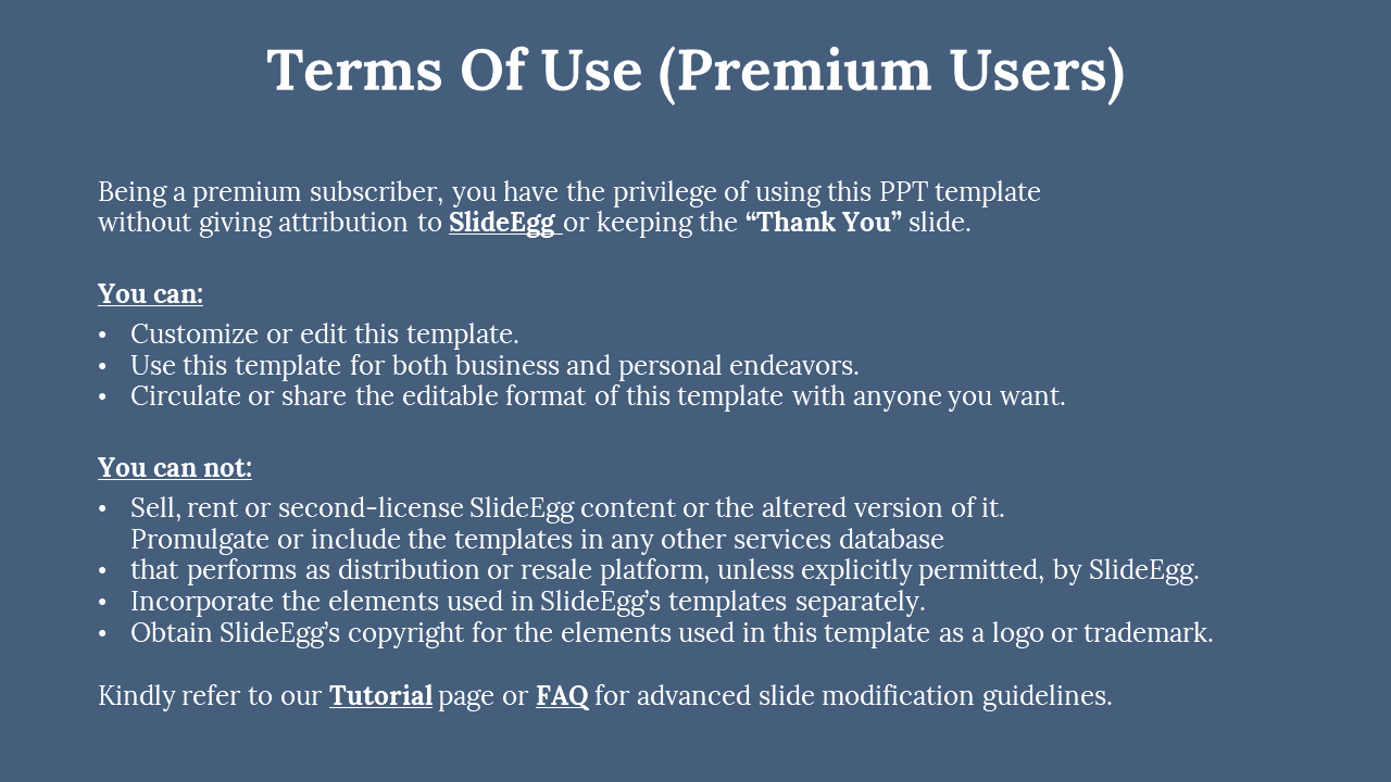 Blue slide with centered white serif text and bullet points, highlighting permissions and restrictions for premium users.