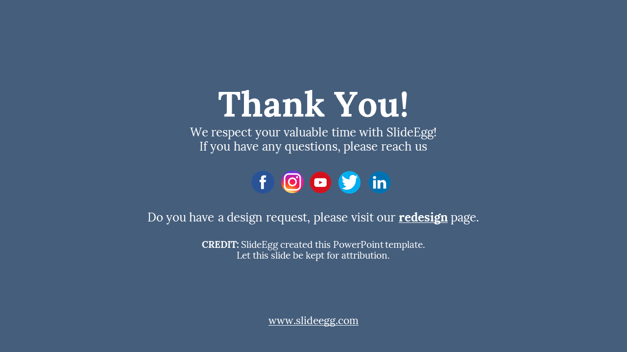 White thank you text centered on a solid blue background with circular social icons in a horizontal row.
