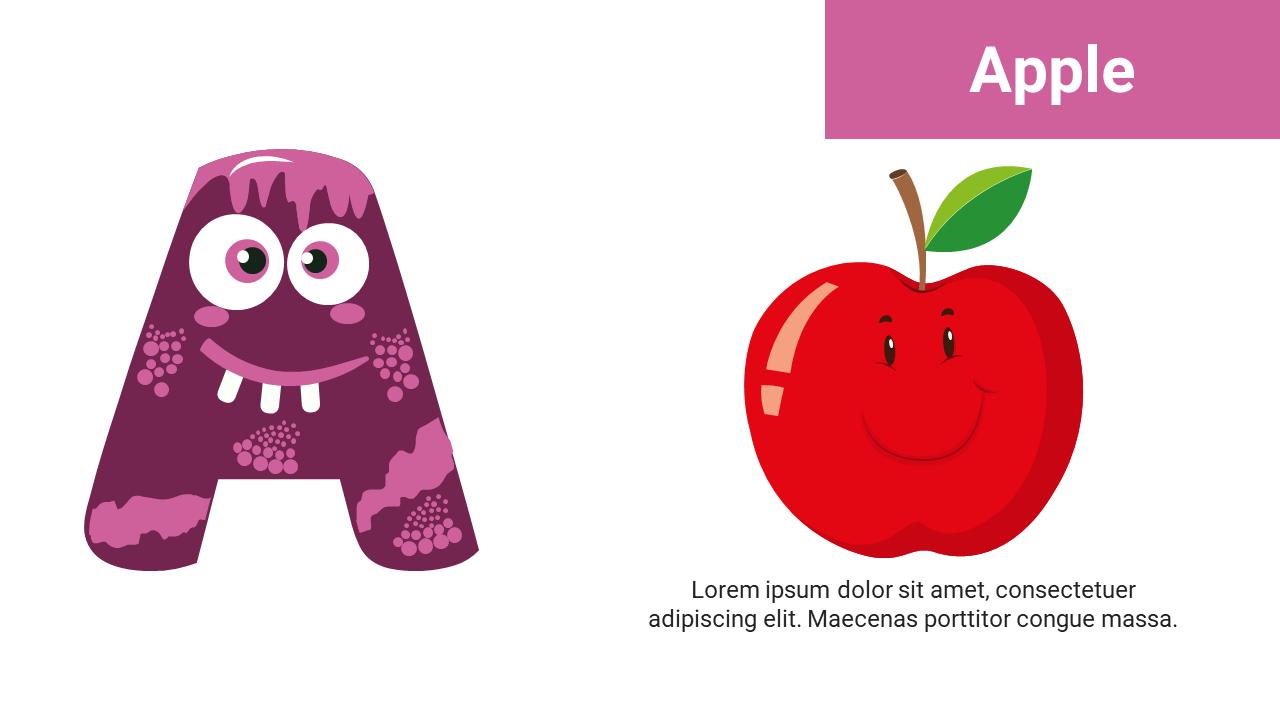 Left side has purple cartoon A with eyes and teeth and right shows smiling red apple with green leaf and brown stem.