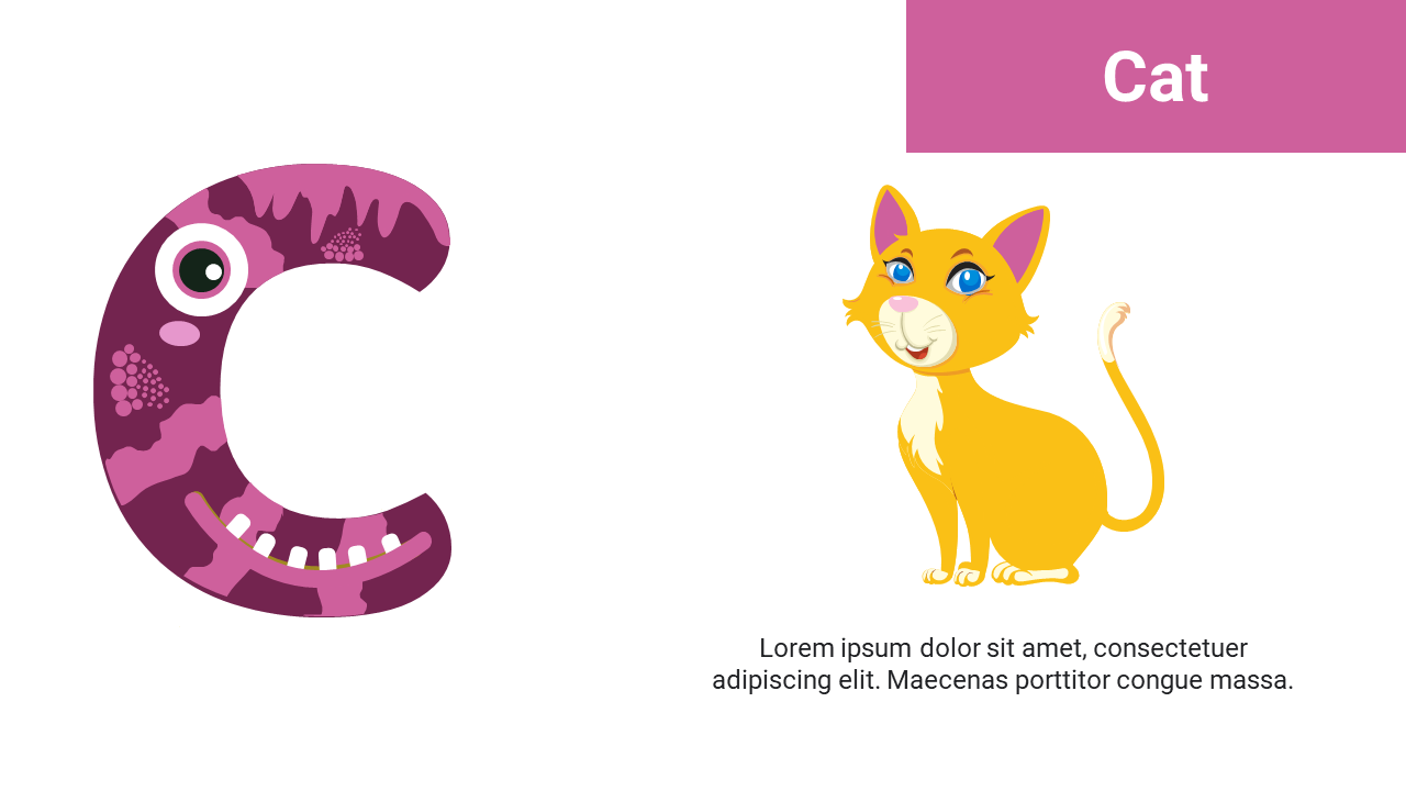 Left side has purple C with eye and teeth and right shows bright yellow cat with blue eyes, sitting upright.