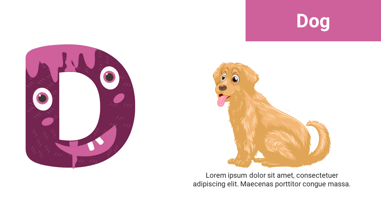 Left has purple D with cartoon eyes and teeth and right shows a sitting light brown dog with tongue out on white background.