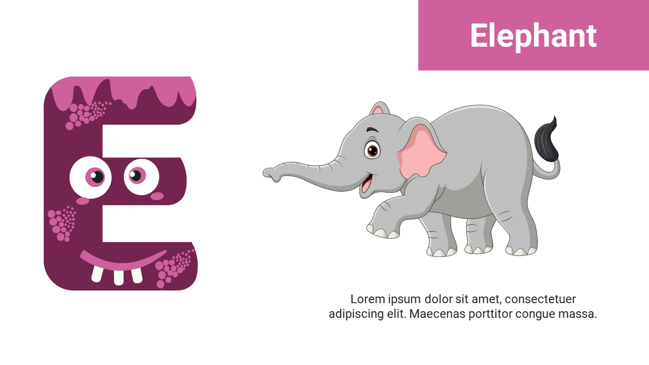 Left has purple E with eyes and smile and right shows walking gray elephant with black tail on white background.