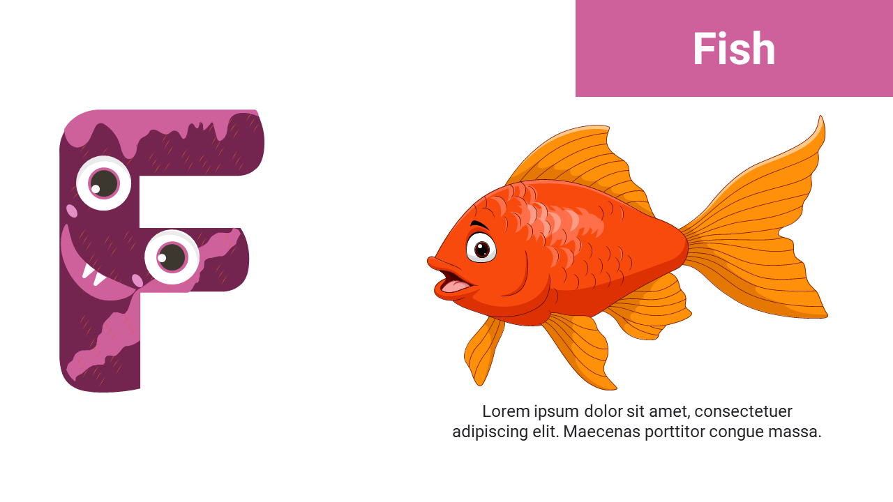 Purple letter F with cartoon face on left and detailed orange fish with large fins on the right.