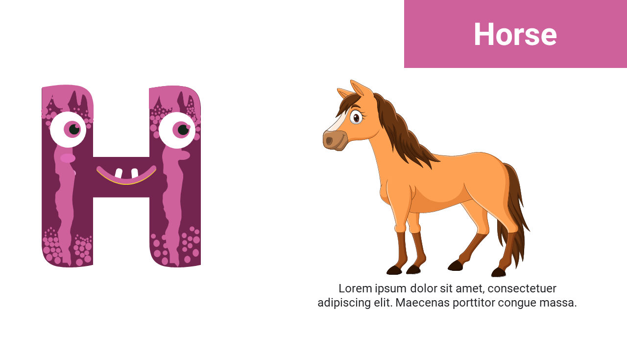 Left side has purple H with monster face and right side shows a brown cartoon horse standing on white background.