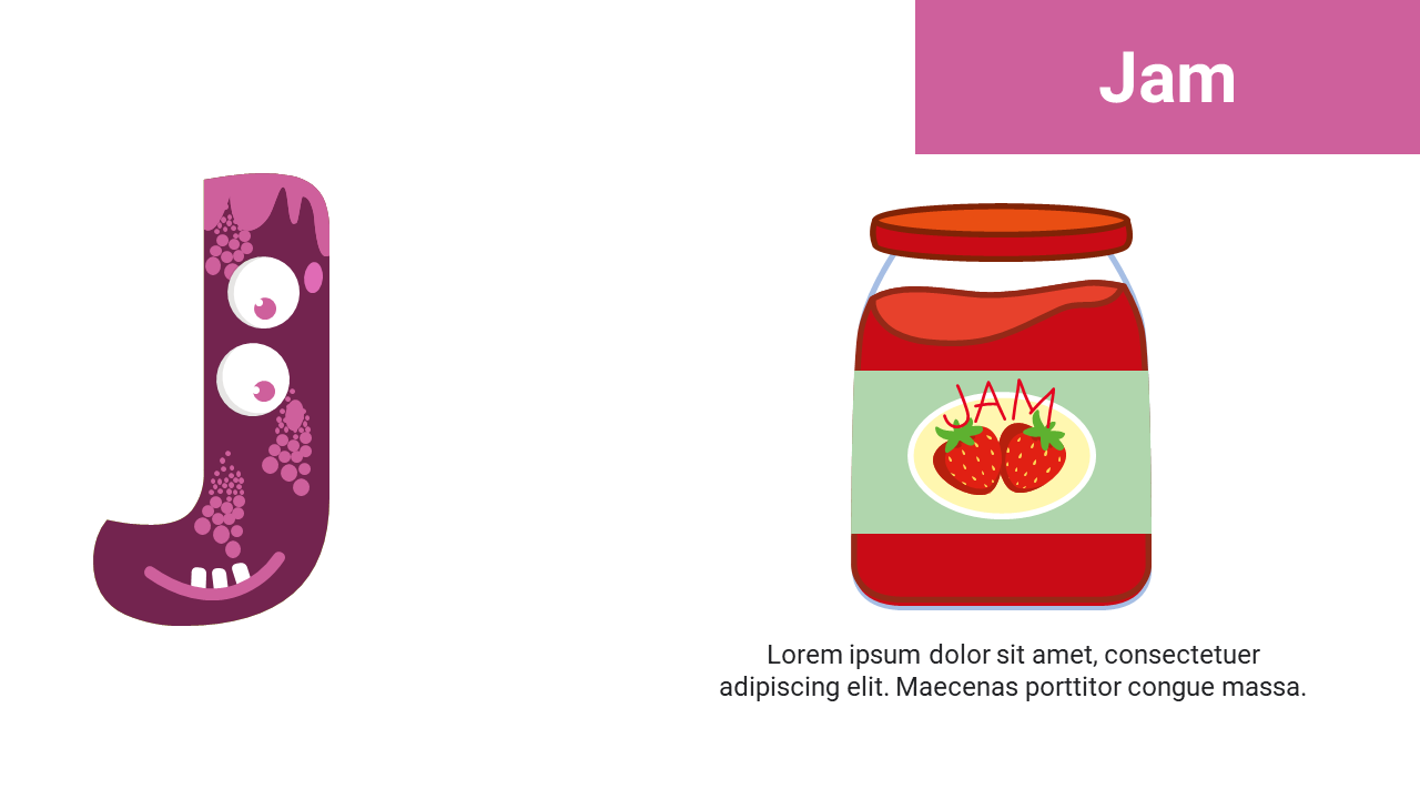 Left shows a purple J with eyes and teeth and right displays a red jam jar with green label and orange lid.