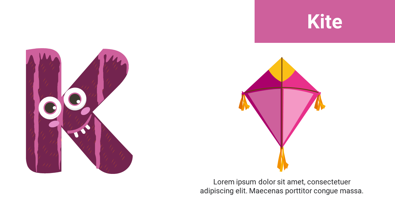 Left shows a purple K with eyes and teeth and right has a diamond shaped kite in pink and yellow with tassels.