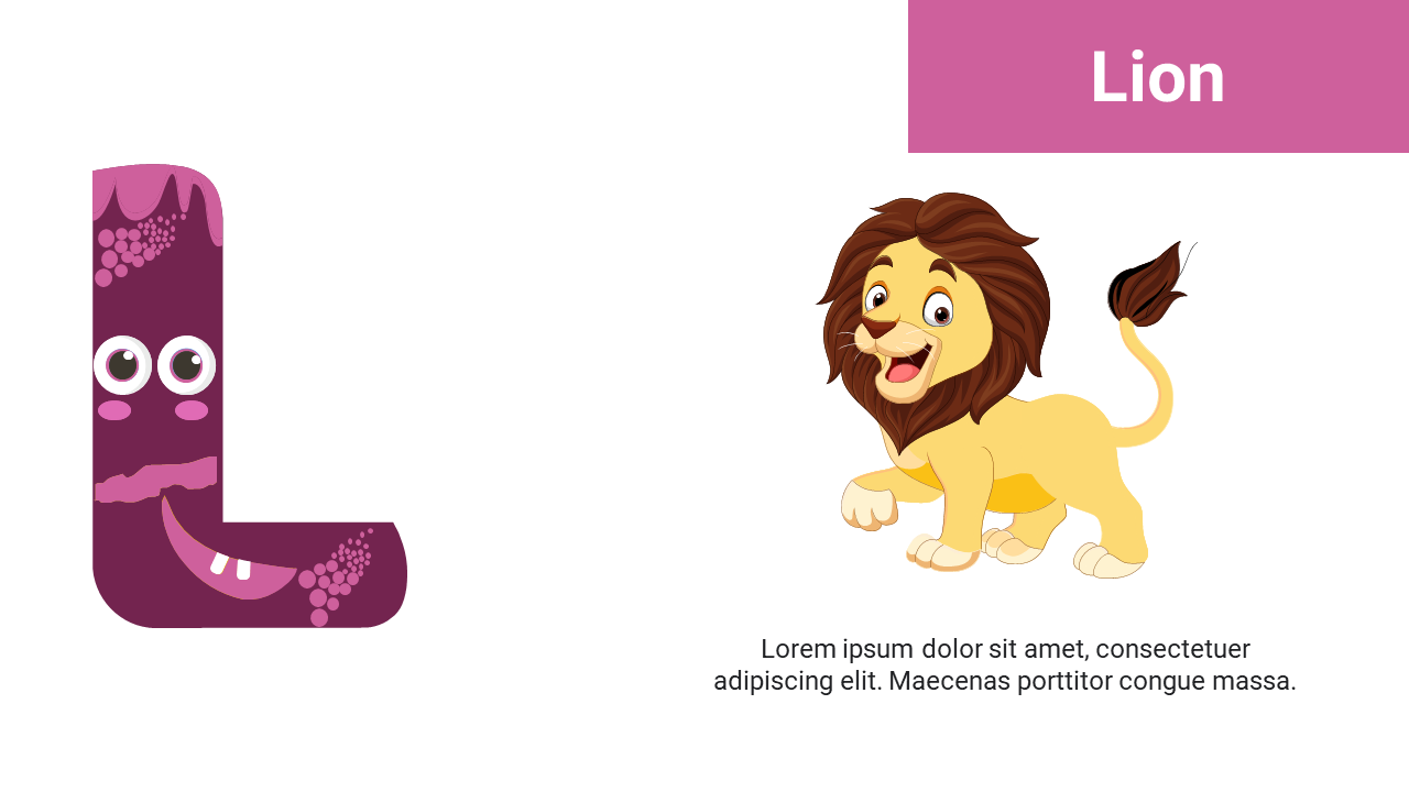 Left shows purple cartoon L with eyes and teeth and right has a smiling yellow lion with dark mane on white background.