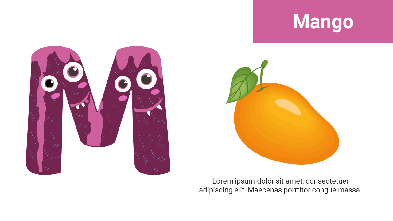 Purple cartoon M with faces on left and an orange mango with green leaf on right over white background.