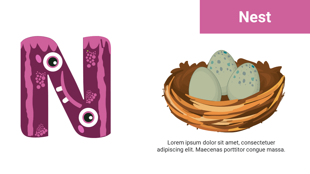 Purple monster style letter N on left and right side shows a brown nest with three green eggs.