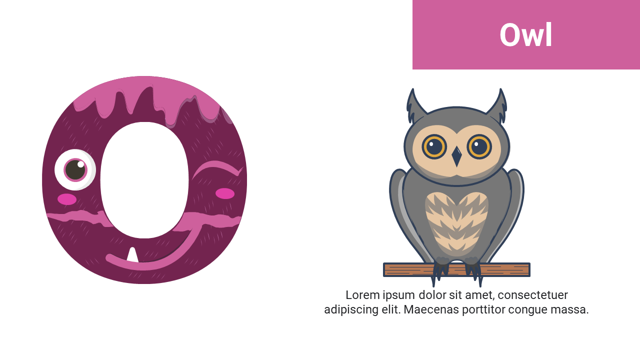 Dark purple letter O with eyes and teeth on left and gray owl with yellow eyes perched on branch to the right.