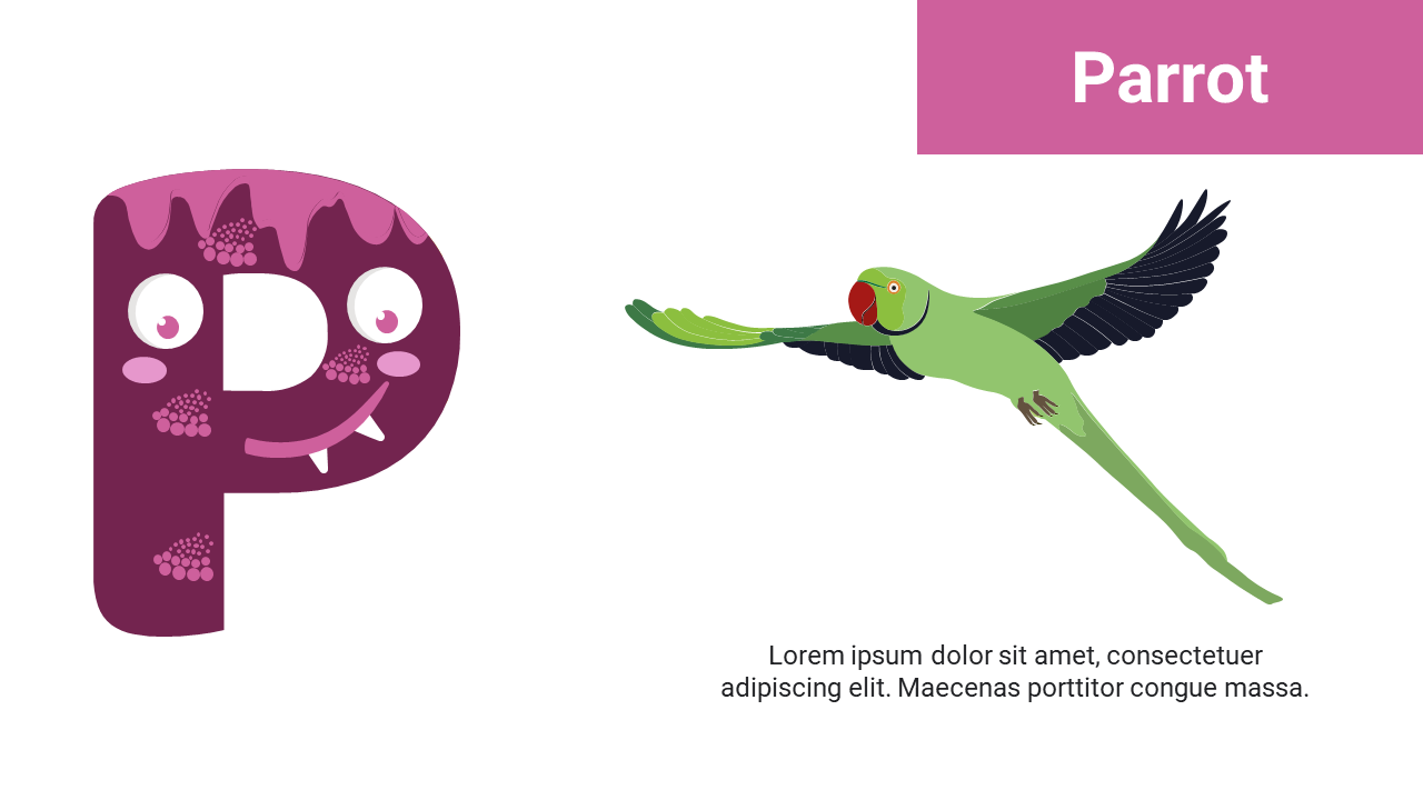 A playful letter P with eyes and fangs on left, parrot flying mid air with wings spread wide on right.