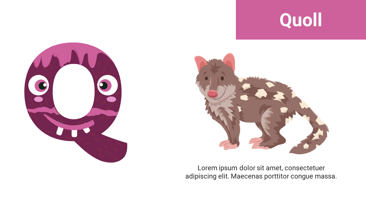 Purple Q with eyes and teeth on left, brown quoll with cream spots and peach ears on right, and a pink title box at top.