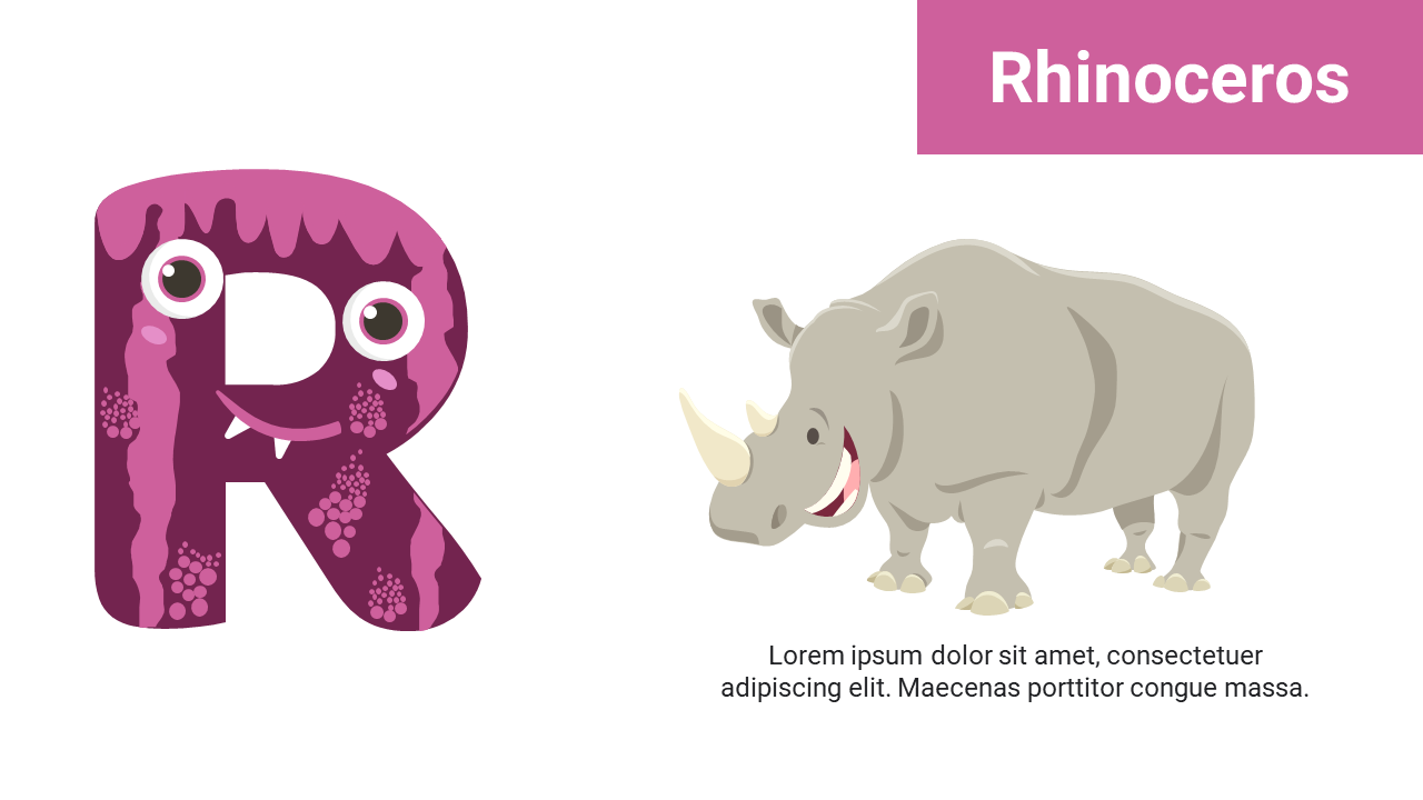 Purple R with cartoon face on left,  gray rhinoceros with two horns standing on right, and a pink header above.