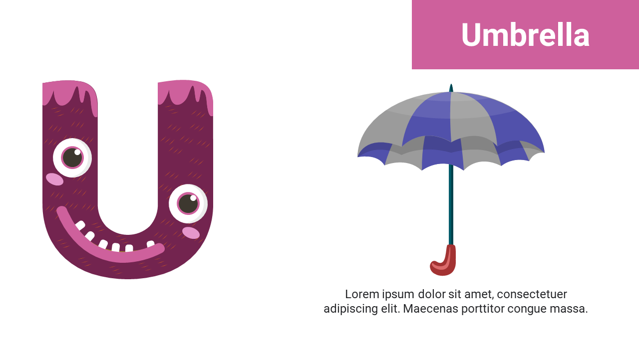 Smiling purple U with eyes on left, blue and gray umbrella with red curved handle on right and pink title in top right.