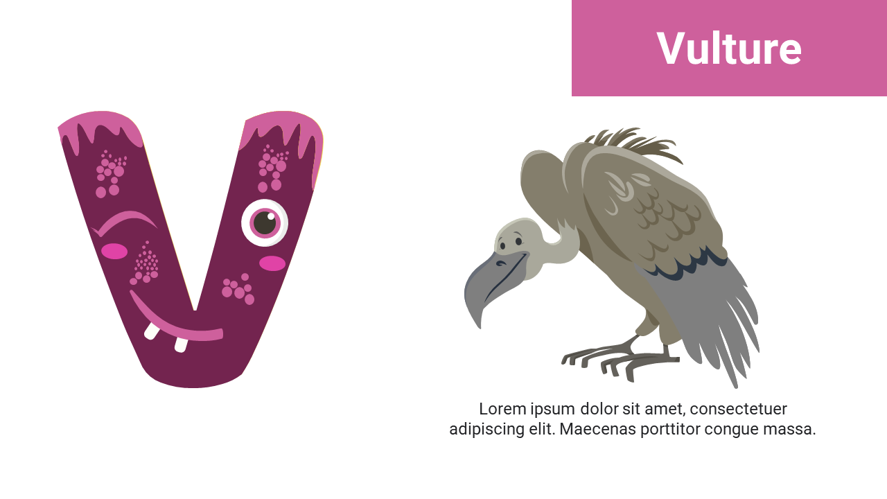 Dark purple V with eyes and teeth on left, gray vulture with curved neck on right and pink rectangle in top right.