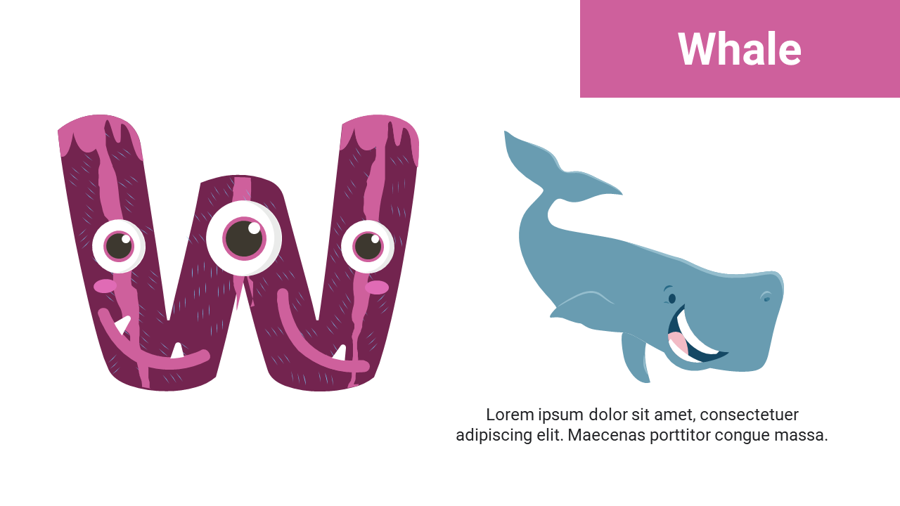 Dark purple W with eyes and teeth on left and a smiling blue whale with fins on right with pink header in top right.