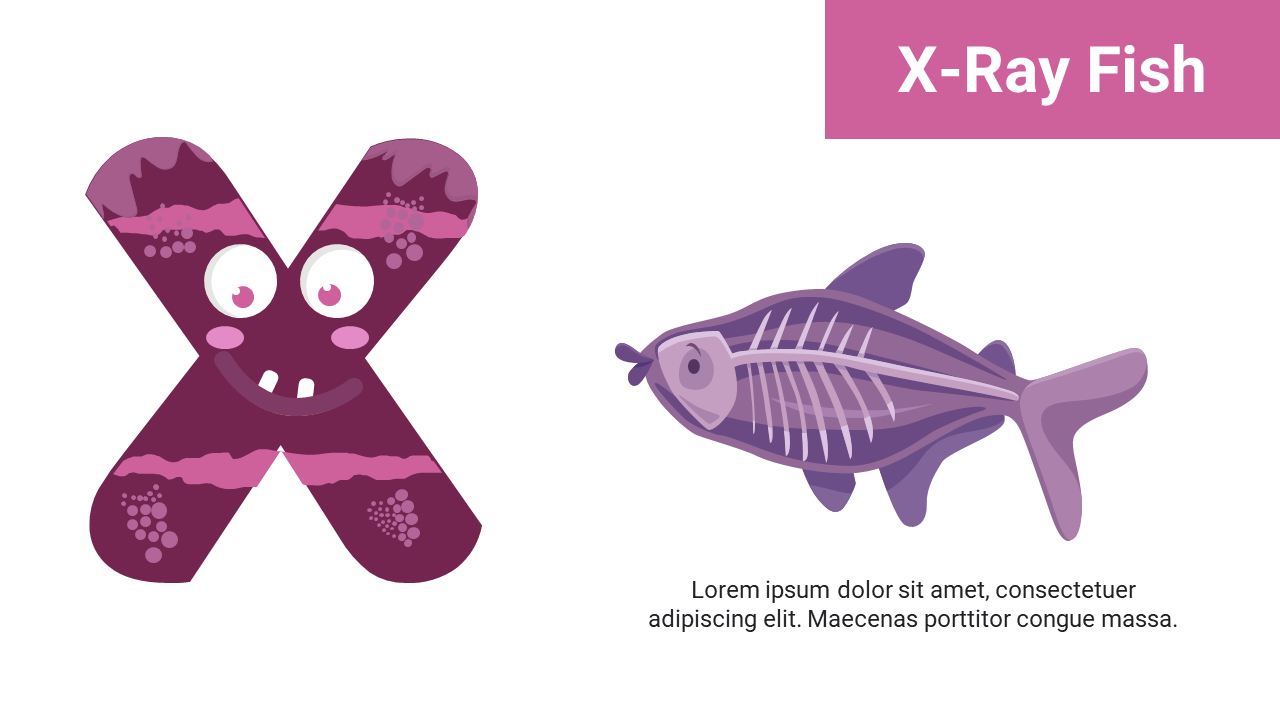 Smiling purple letter X with eyes and teeth beside a cartoon X ray fish showing visible bones.
