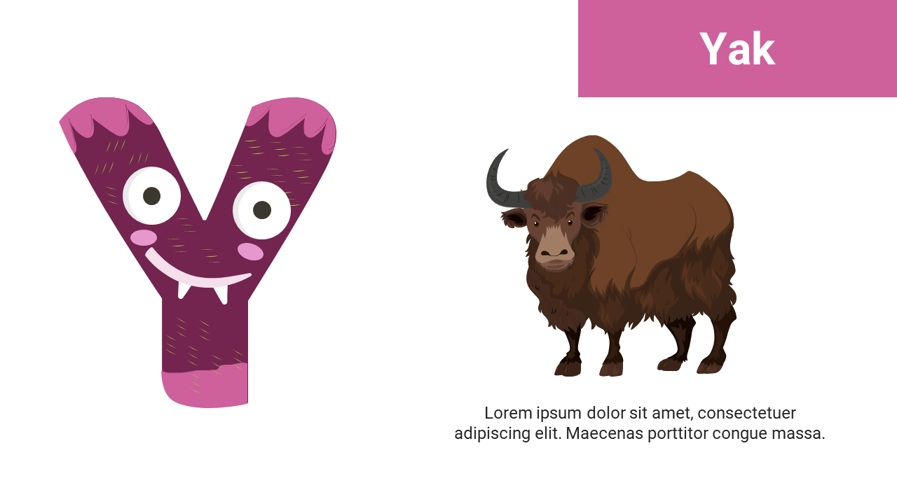 Purple cartoon letter Y with eyes and teeth on left and shaggy brown yak with curved horns on right.