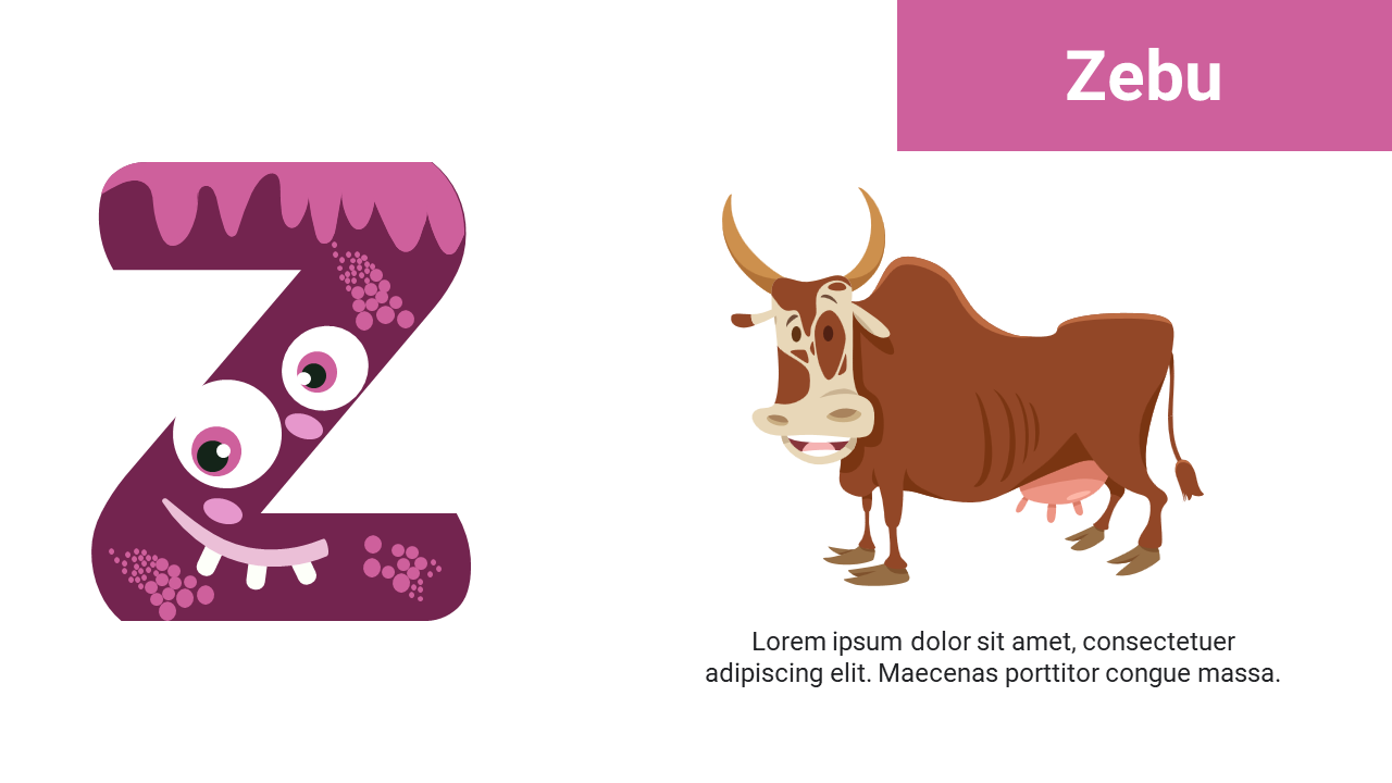 Purple cartoon letter Z with eyes and smile on left and brown zebu with horns and udders on right.