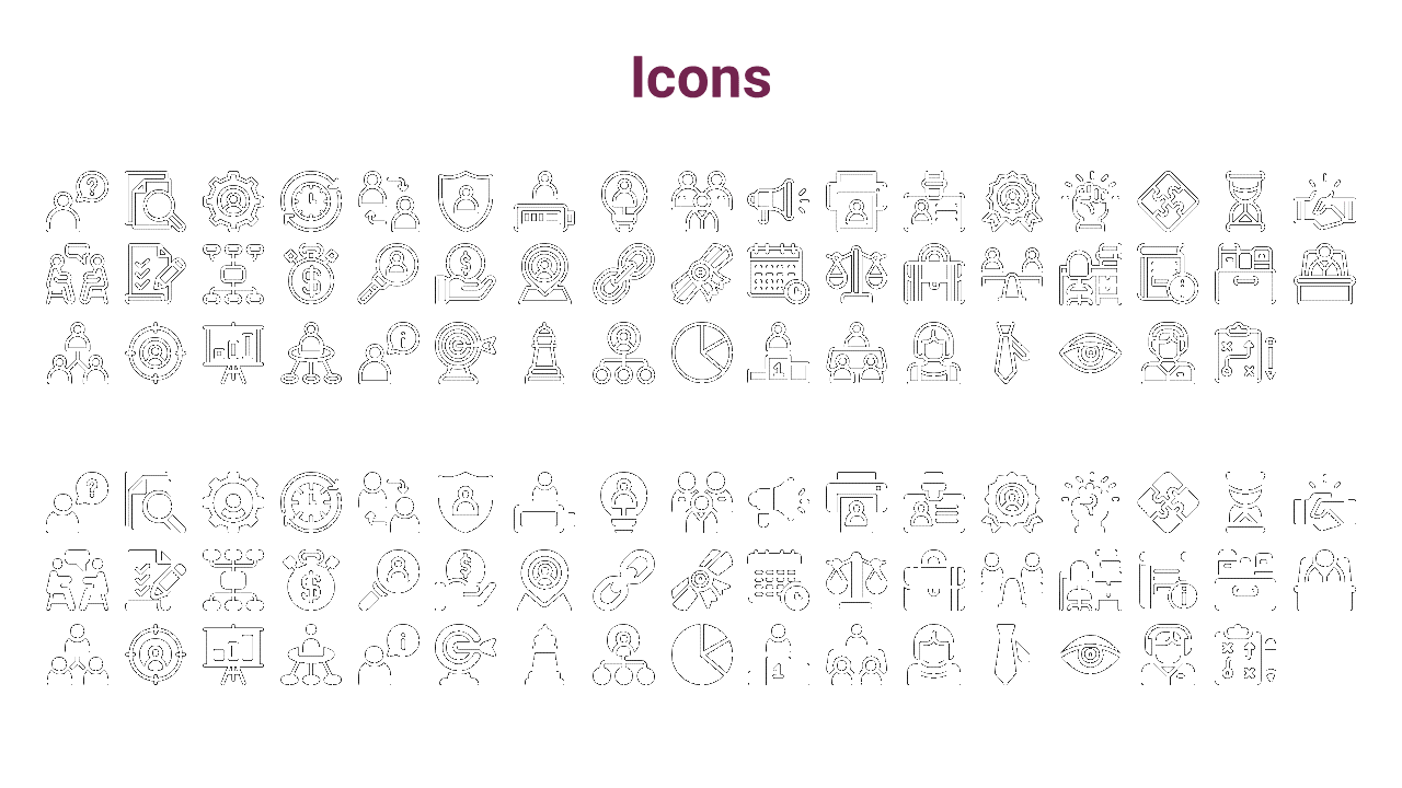 Centered purple heading with outlined and filled icons arranged in two distinct sections on a plain white background.