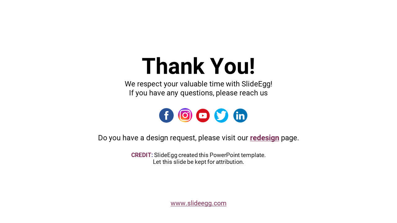 Centered black thank you text with five round social icons below, on a white background with minimal design.