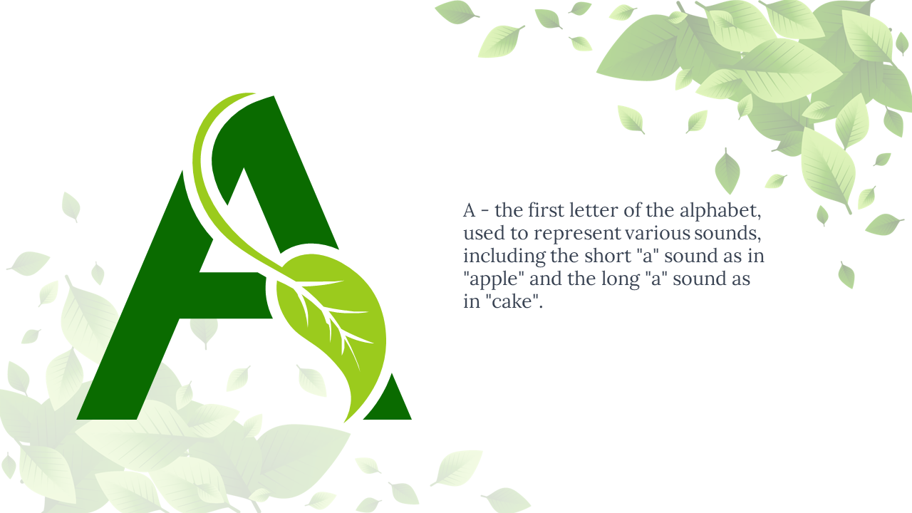 Bold green A with curved vine and light green leaf on top left, and text on right, with soft leafy border on white backdrop.