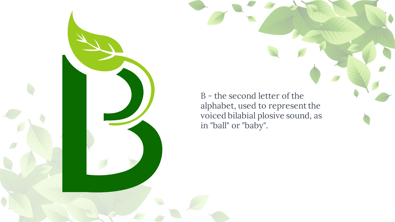 Large dark green B accented with bright leaf design, and text aligned right, on a white background with faded green leaves.