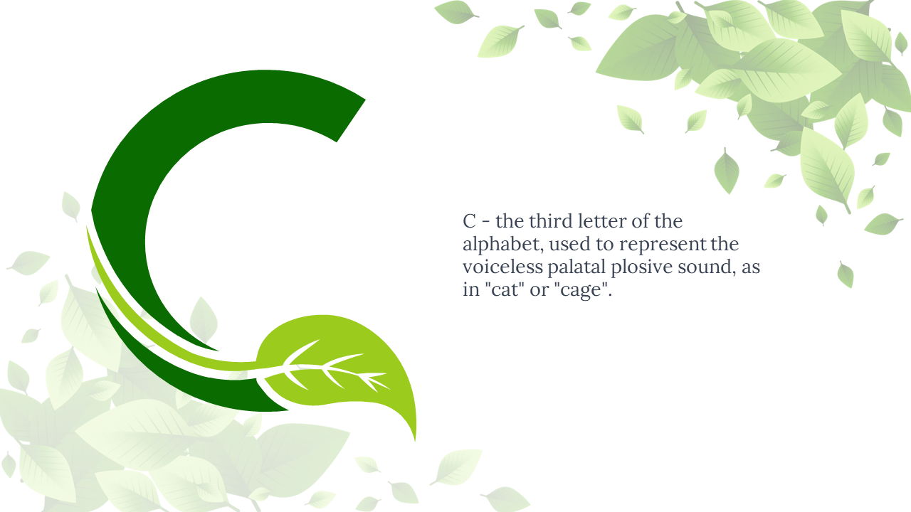 Thick green C entwined with curved light green leaf, and text on right, surrounded by pale leafy corners.