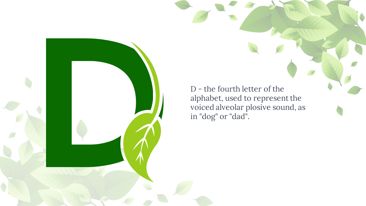Stylized green D with bright leaf and vine detail, text placed right, and light green leaves floating at the edges.