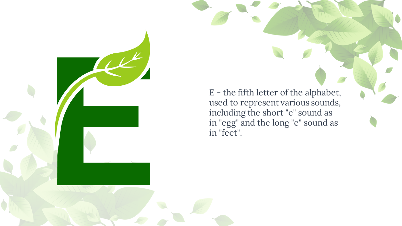 Dark green E decorated with a curved vine and bright leaf, and text on right, set on white space with soft leafy design.