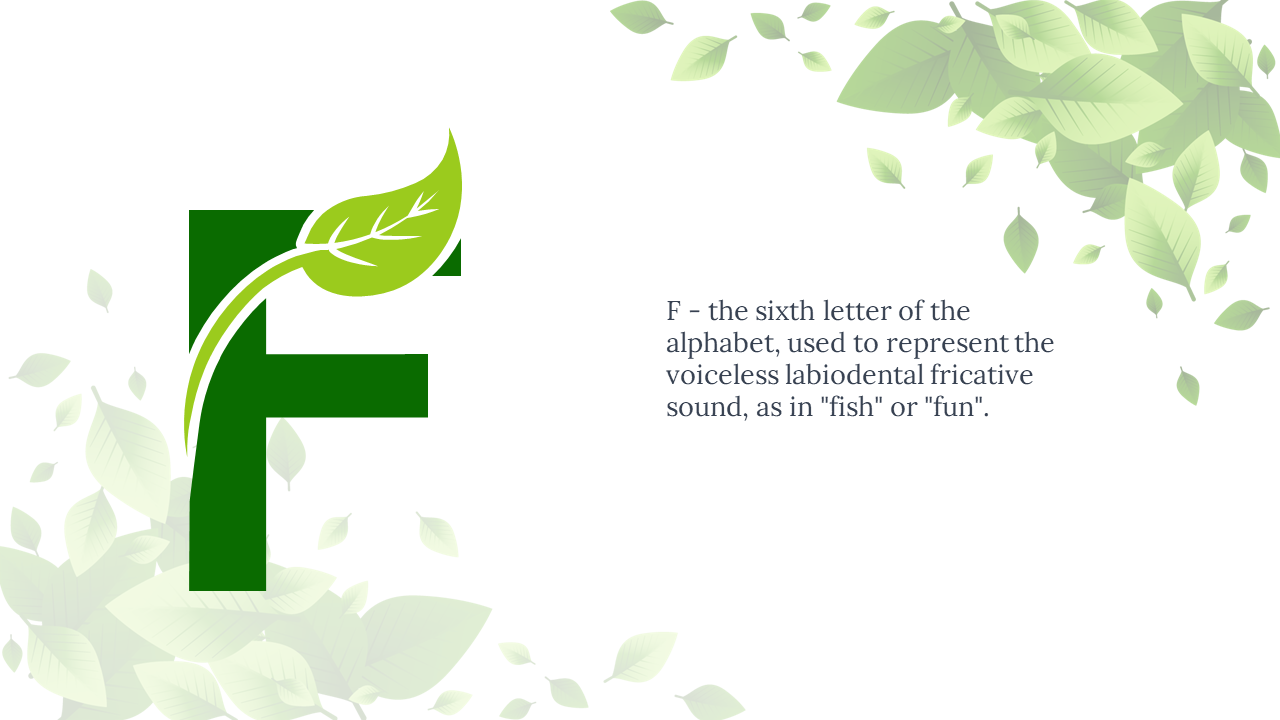 Bold green F with curved light vine and leaf on top left, and text on right, on a white background with leafy frame.