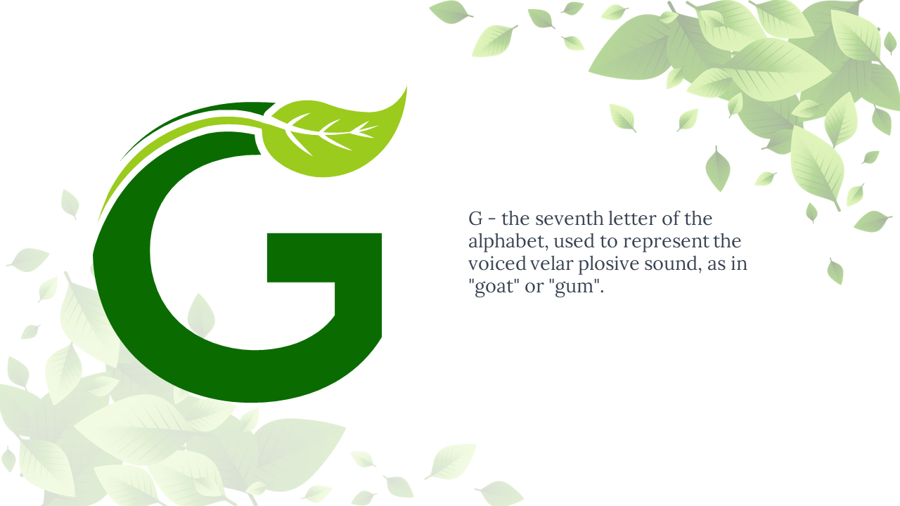 Stylized dark green G featuring vine and leaf detail at top, and right side text, with soft leafy border on white backgound.