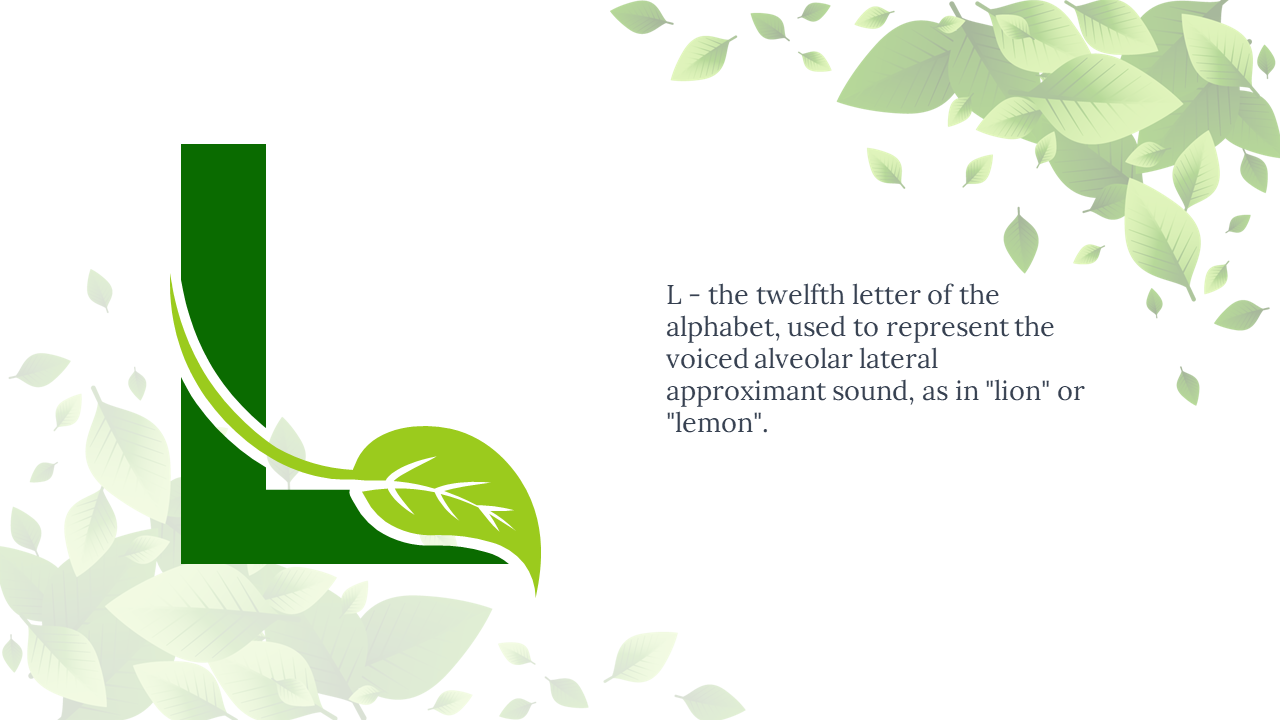 Green L with vine and bright leaf above, right aligned text, framed by pale floating leaves on white background.