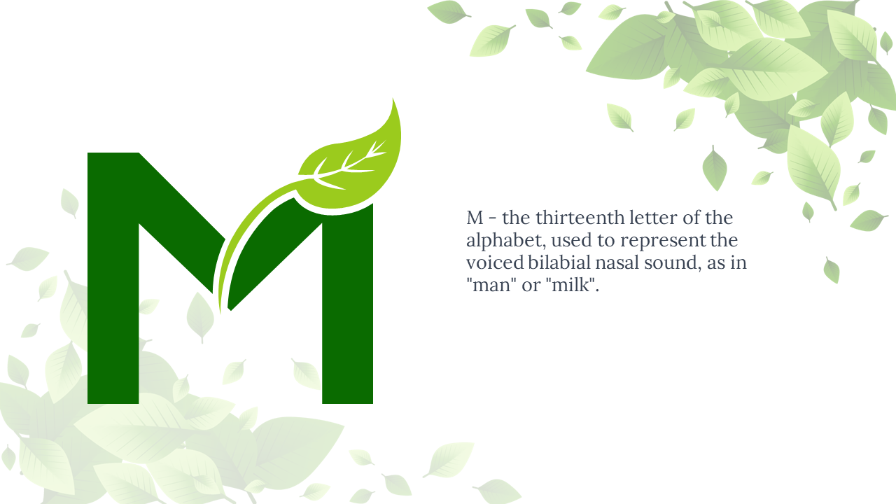 Stylized green M featuring curved vine and leaf detail, and text placed right, with soft green leafy decorations.