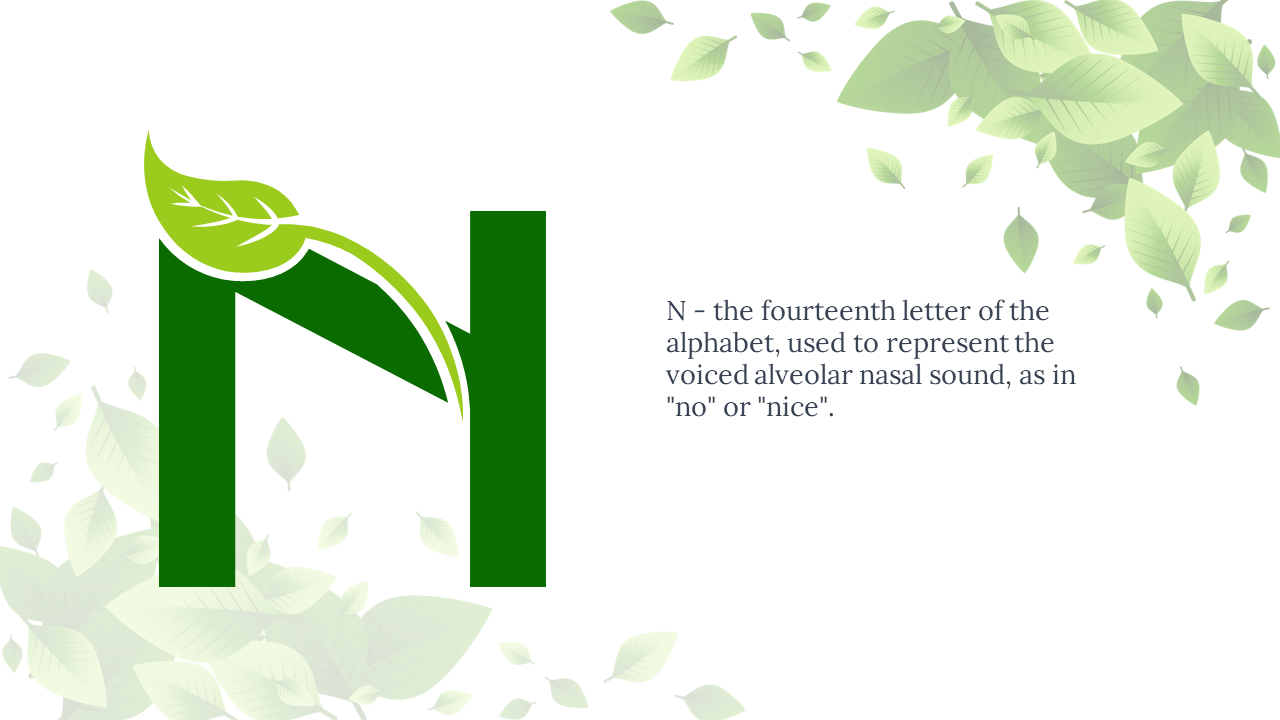 Stylized green N featuring a vine and bright leaf, and text placed right, with pale green leafy decorations at edges.