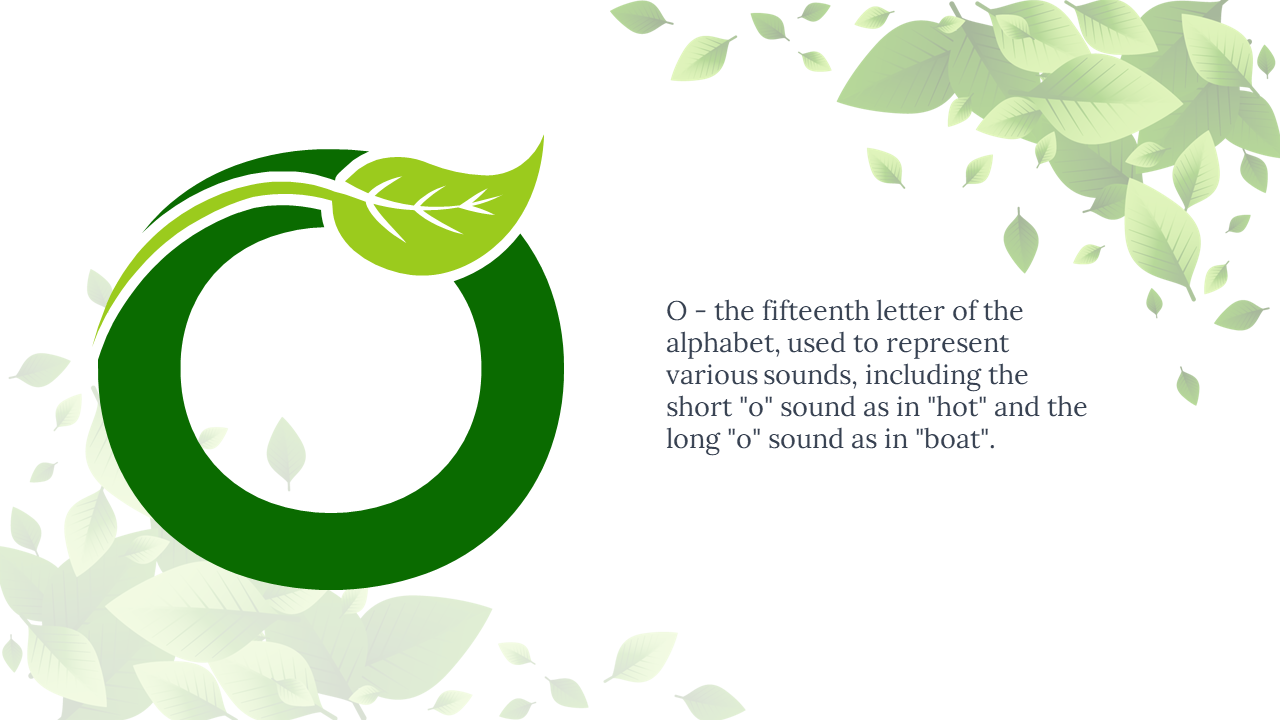 Dark green O intertwined with light leaf design at bottom, and right side text, with soft leaves scattered around.