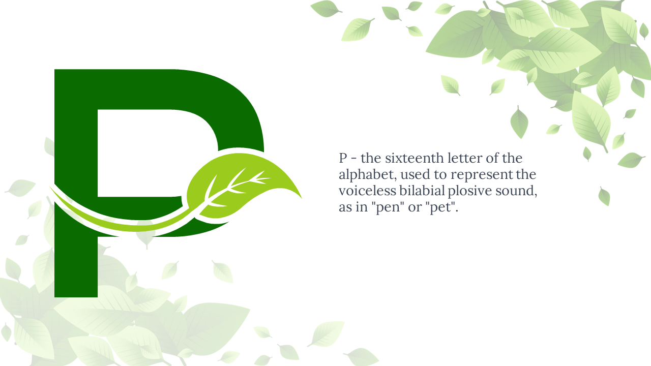 Large dark green P accented with bright leaf curling out, and text on right, on white background with floating leaves.