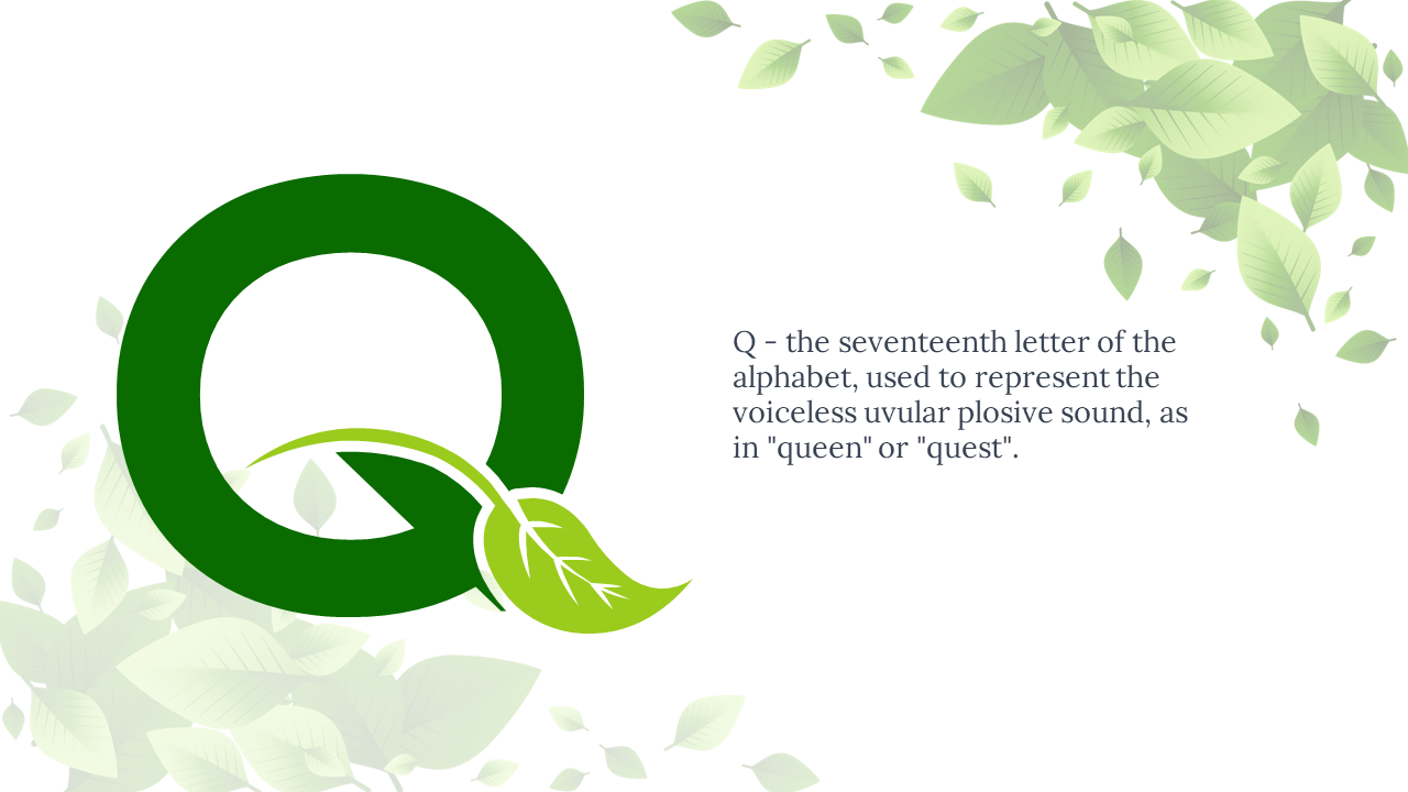 Bold green Q with light green leaf and vine at bottom, and text on right, surrounded by soft leafy corners.