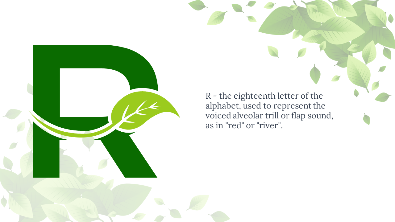 Thick green R with vine and curved leaf detail, and descriptive text on right,  with light green leafy design at edges.