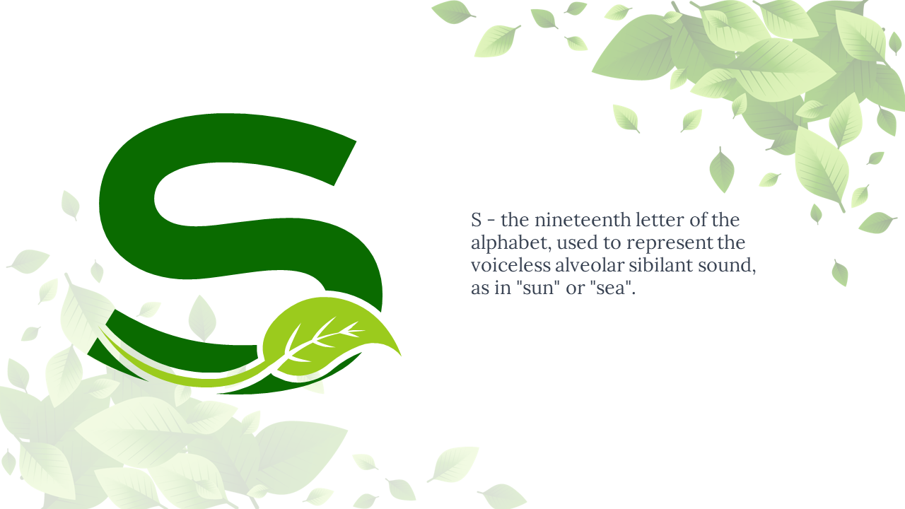 Stylized green S entwined with light leaf, and text on right side, with pale green floating leaves around the edges.